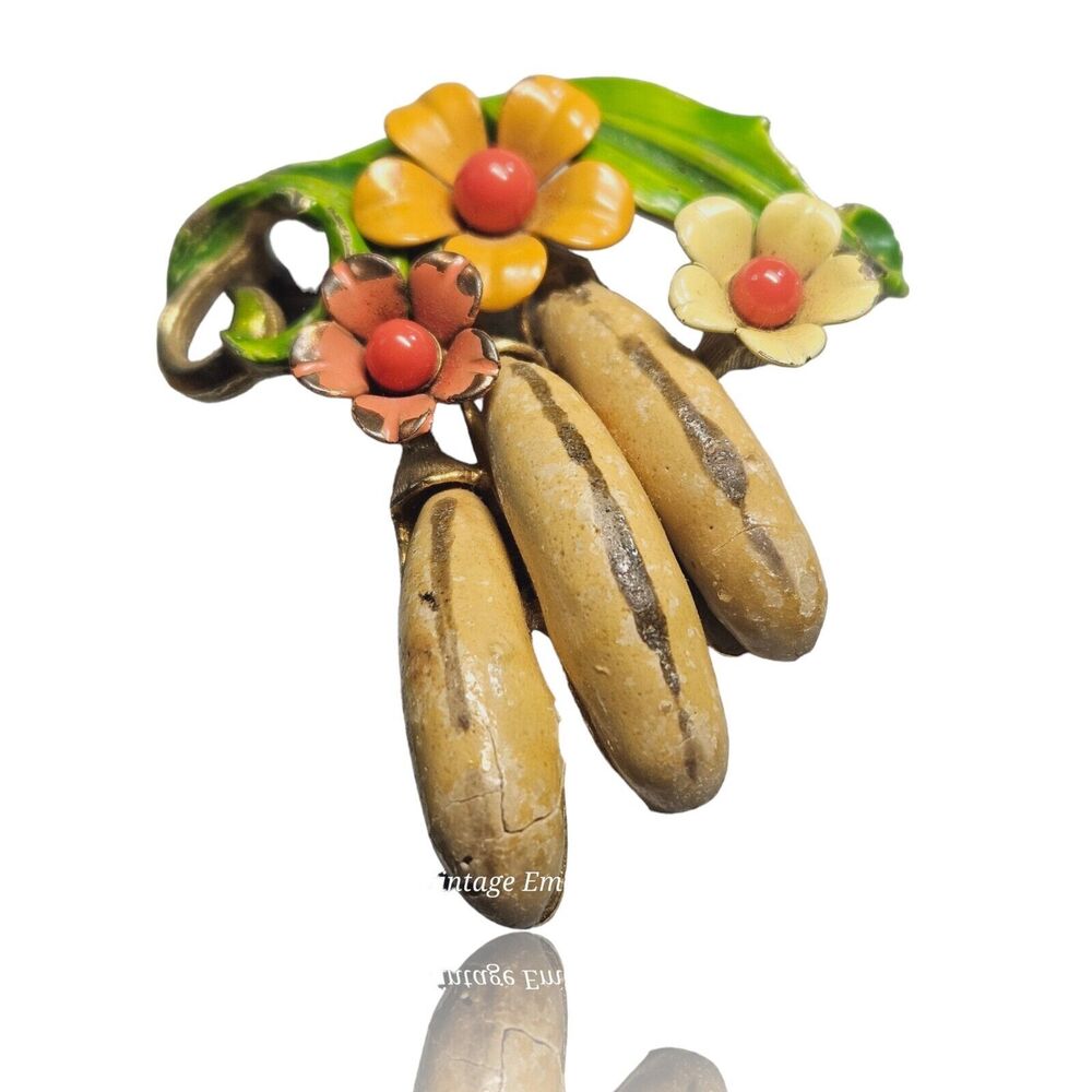 Selini Brooch 3d Banana Flower Tropical Fruit Selro Enamel Metal Pin Signed - Picture 2 of 10